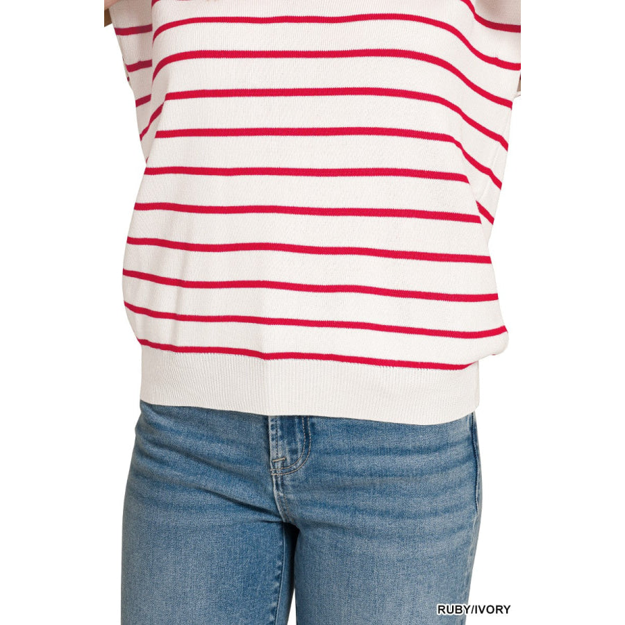 Zenana Viscose Striped Collared Sweater Vest Apparel and Accessories