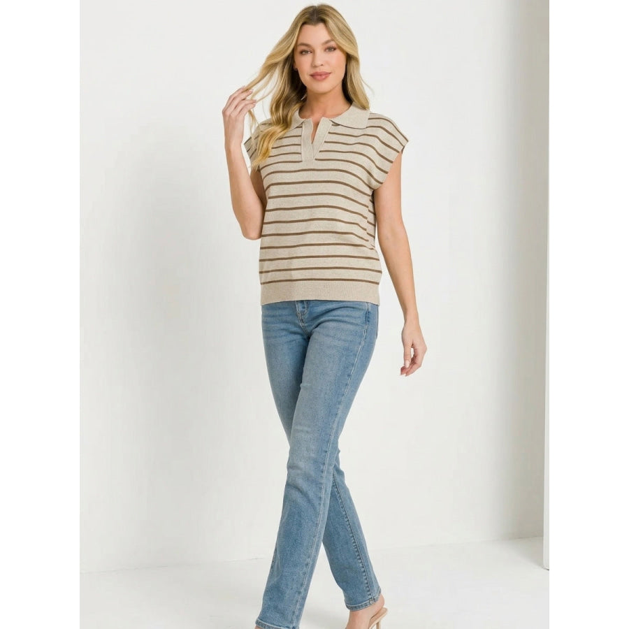 Zenana Viscose Striped Collared Sweater Vest Apparel and Accessories