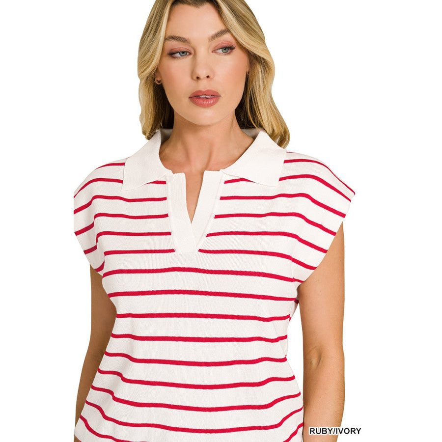 Zenana Viscose Striped Collared Sweater Vest Apparel and Accessories