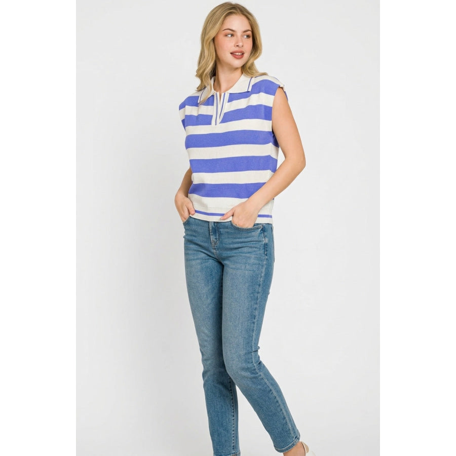 Zenana Viscose Striped Collared Sweater Vest MARLIN/IVORY / S Apparel and Accessories