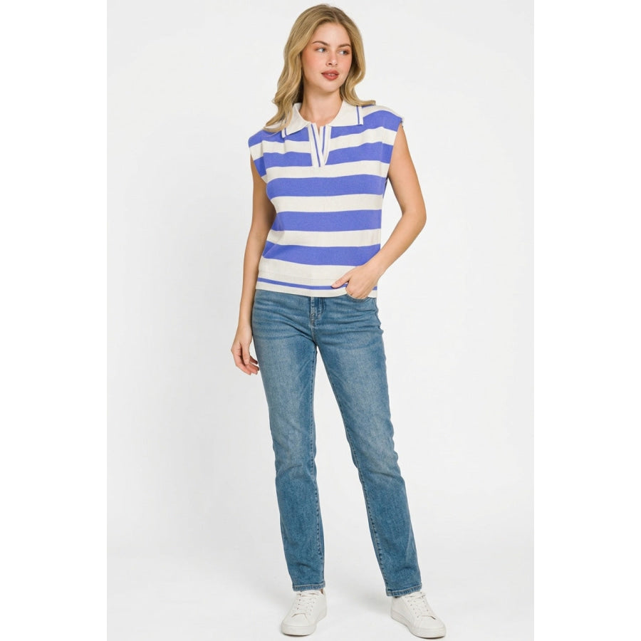 Zenana Viscose Striped Collared Sweater Vest Apparel and Accessories