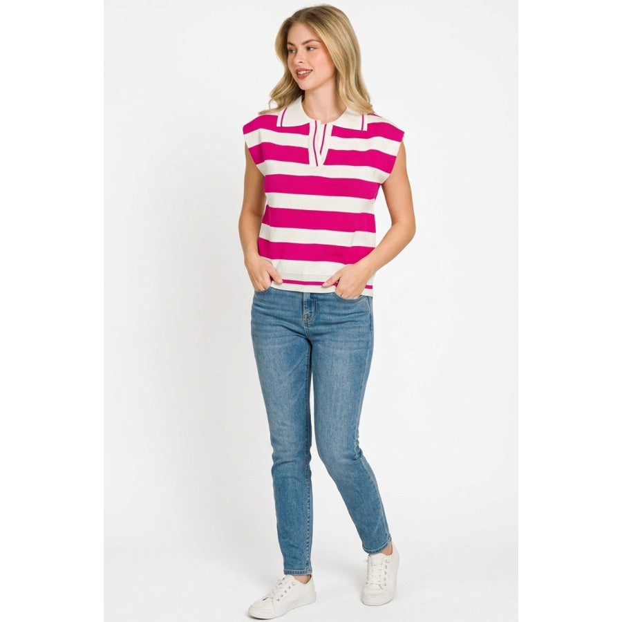 Zenana Viscose Striped Collared Sweater Vest HOT PINK/IVORY / S Apparel and Accessories