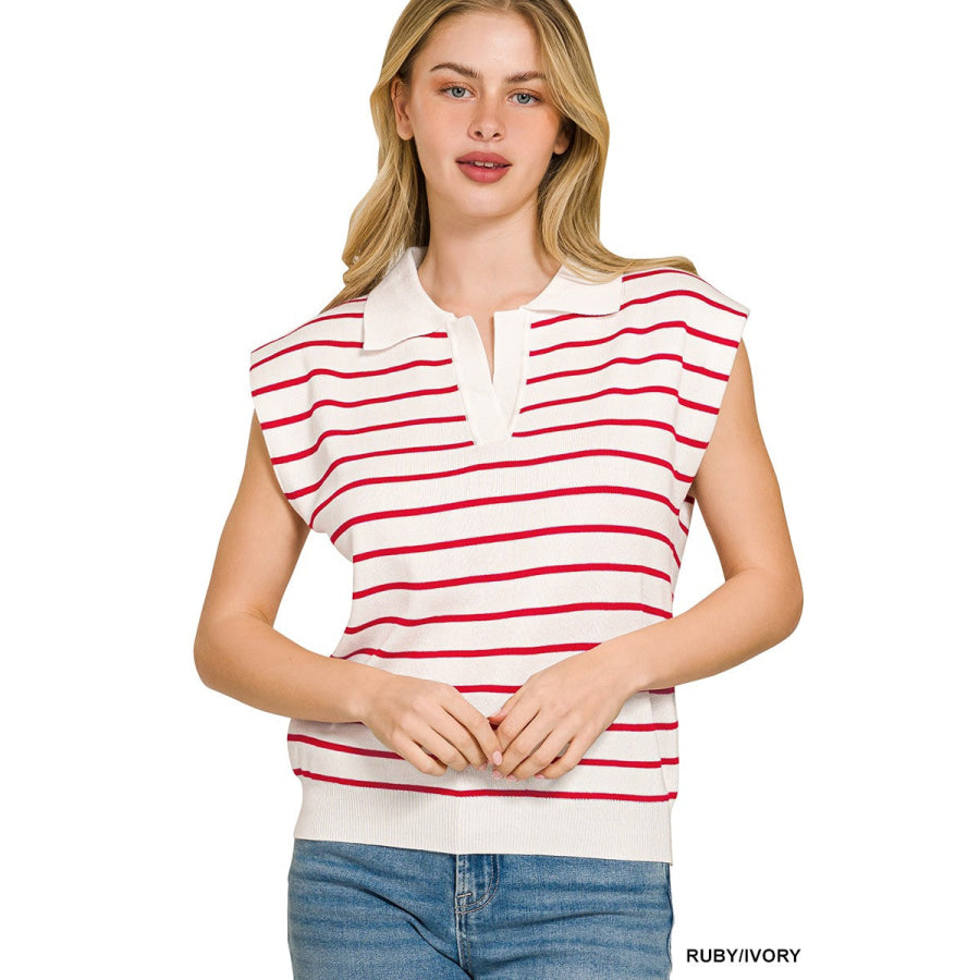 Zenana Viscose Striped Collared Sweater Vest RUBY/IVORY / S Apparel and Accessories