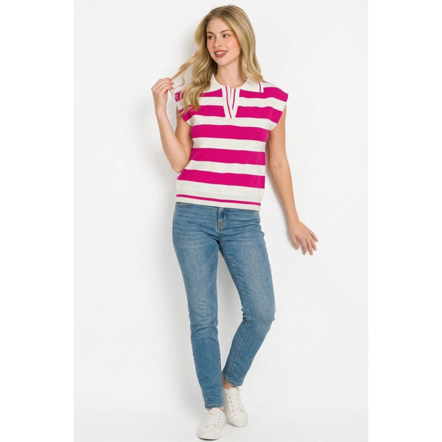 Zenana Viscose Striped Collared Sweater Vest Apparel and Accessories