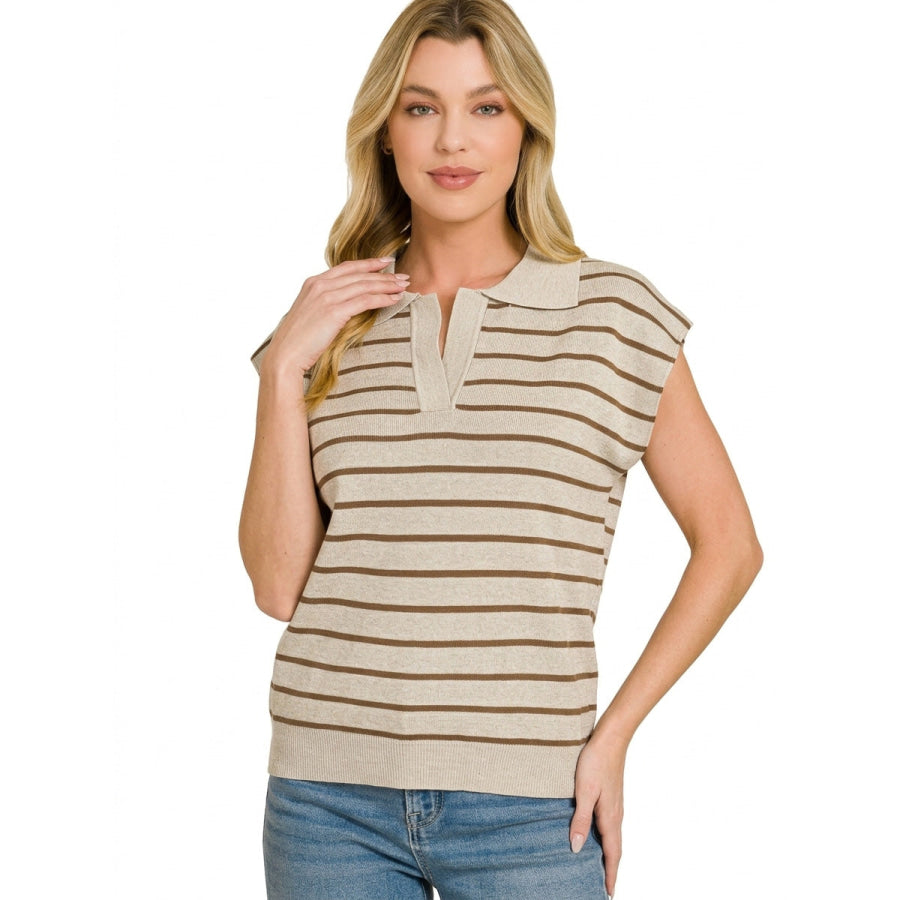 Zenana Viscose Striped Collared Sweater Vest Apparel and Accessories
