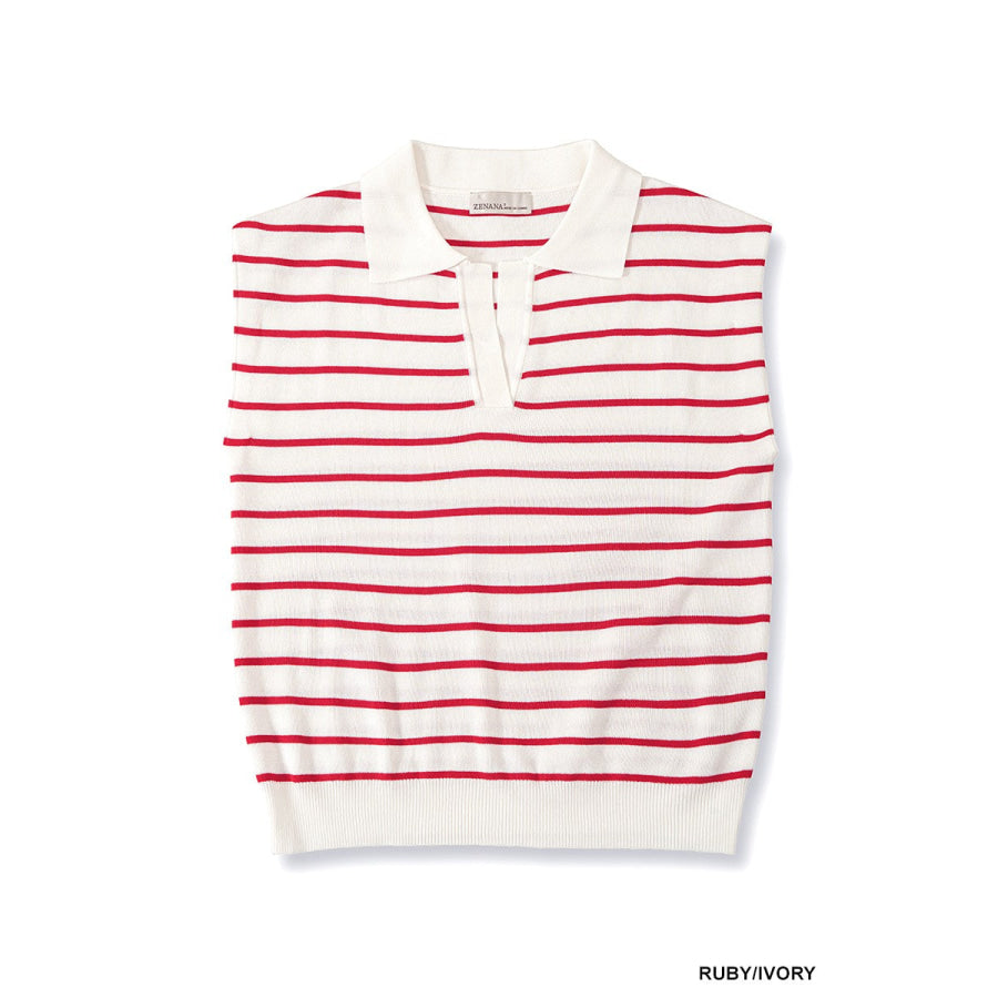 Zenana Viscose Striped Collared Sweater Vest Apparel and Accessories