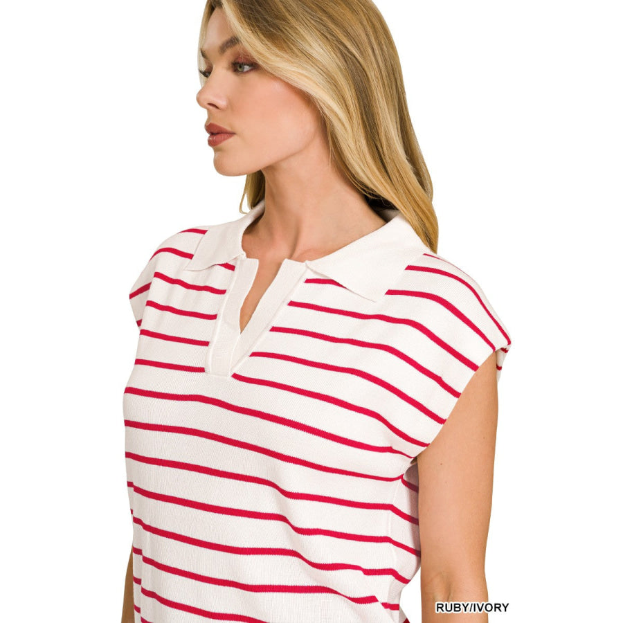 Zenana Viscose Striped Collared Sweater Vest Apparel and Accessories
