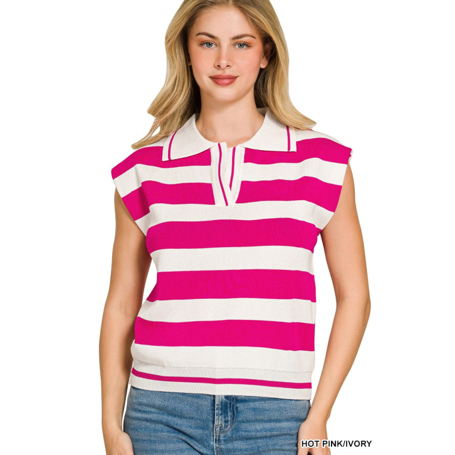 Zenana Viscose Striped Collared Sweater Vest HOT PINK/IVORY / S Apparel and Accessories