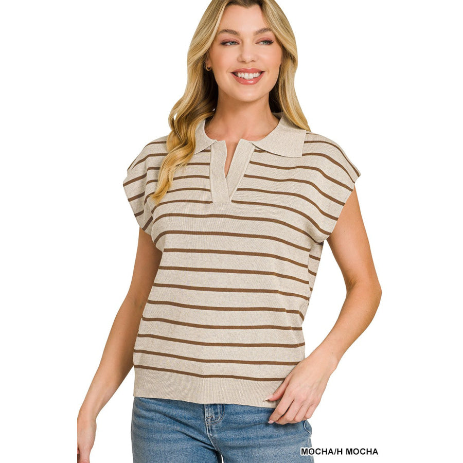 Zenana Viscose Striped Collared Sweater Vest MOCHA/H MOCHA / S Apparel and Accessories