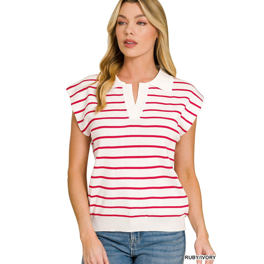 Zenana Viscose Striped Collared Sweater Vest RUBY/IVORY / S Apparel and Accessories