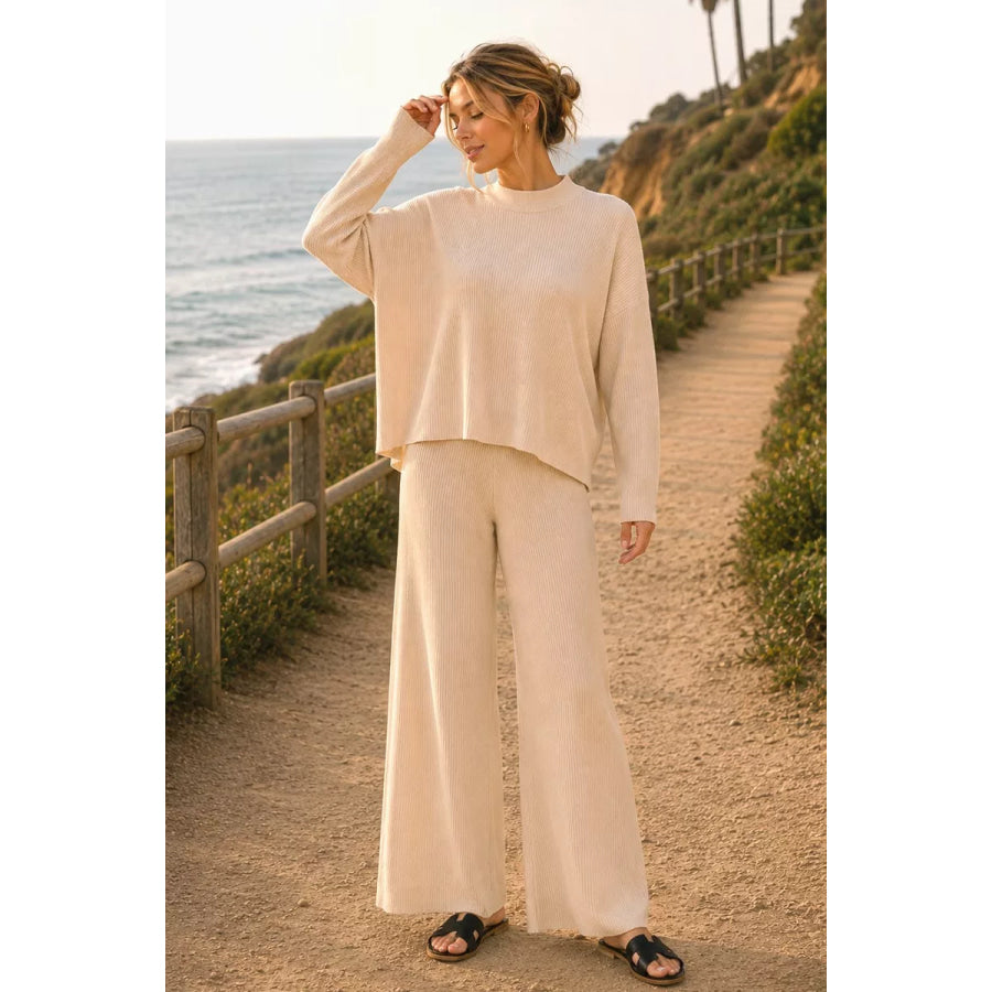 Zenana Viscose Sweater Top & Pants Set LT BEIGE / S Apparel and Accessories