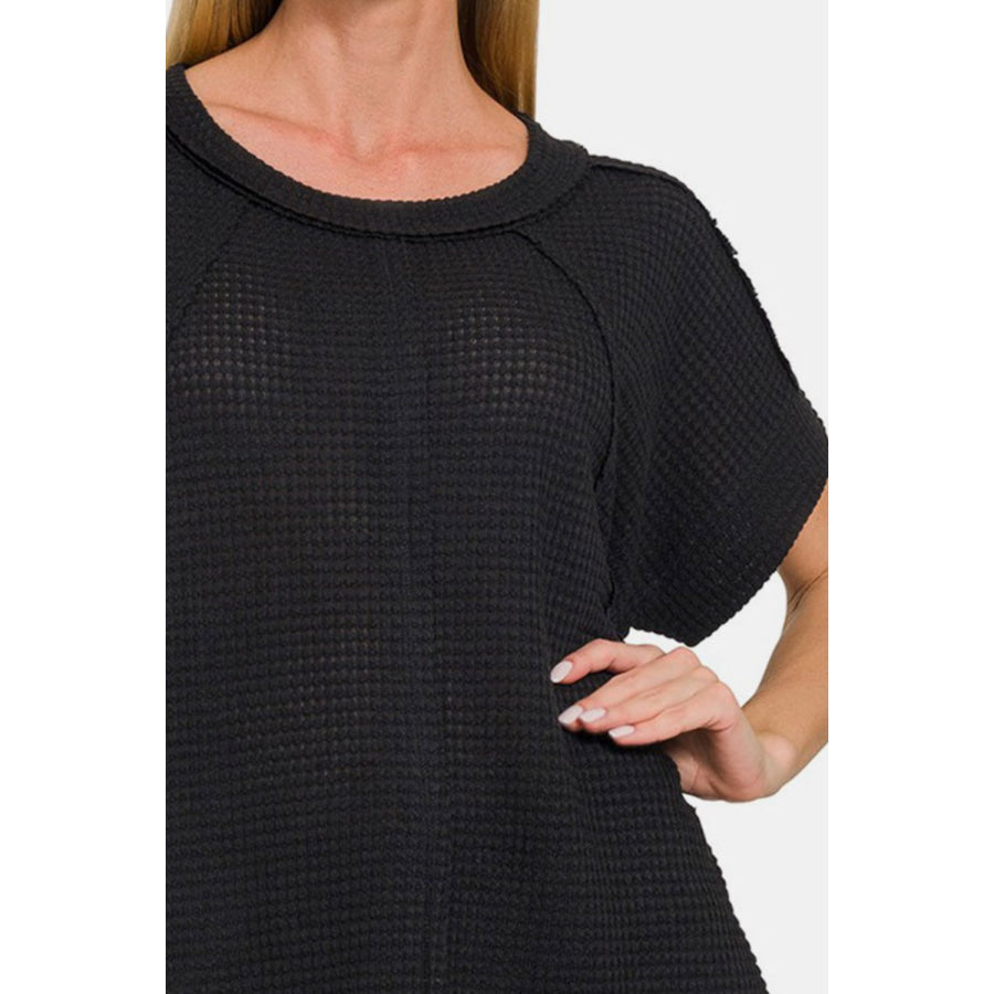 Zenana Waffle Exposed-Seam Short Sleeve T-Shirt Apparel and Accessories