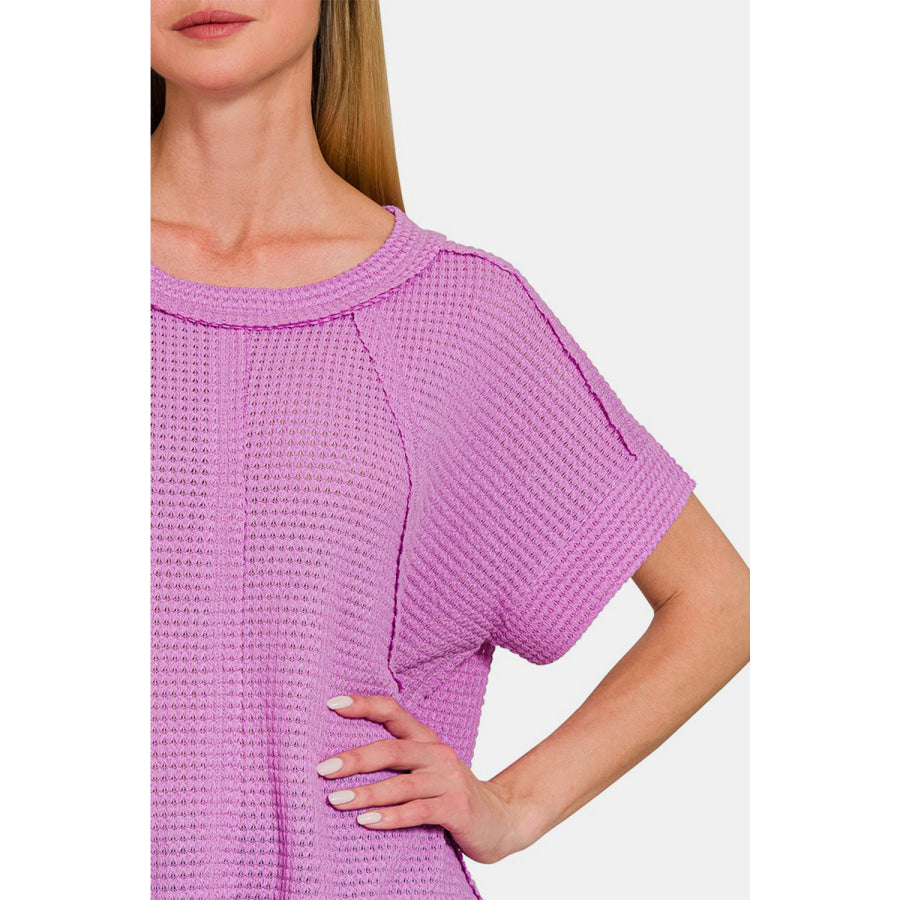 Zenana Waffle Exposed-Seam Short Sleeve T-Shirt Apparel and Accessories