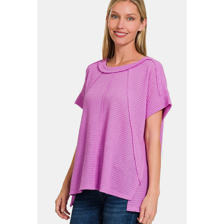 Zenana Waffle Exposed-Seam Short Sleeve T-Shirt Lavender / S/M Apparel and Accessories