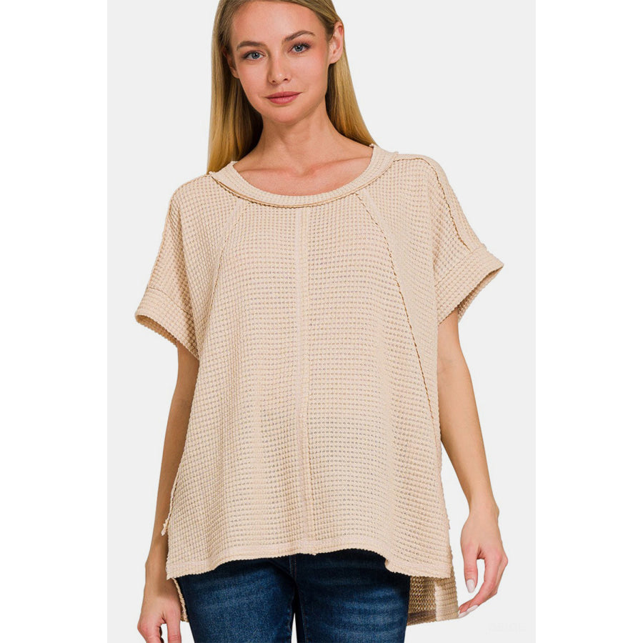 Zenana Waffle Exposed-Seam Short Sleeve T-Shirt Beige / S/M Apparel and Accessories