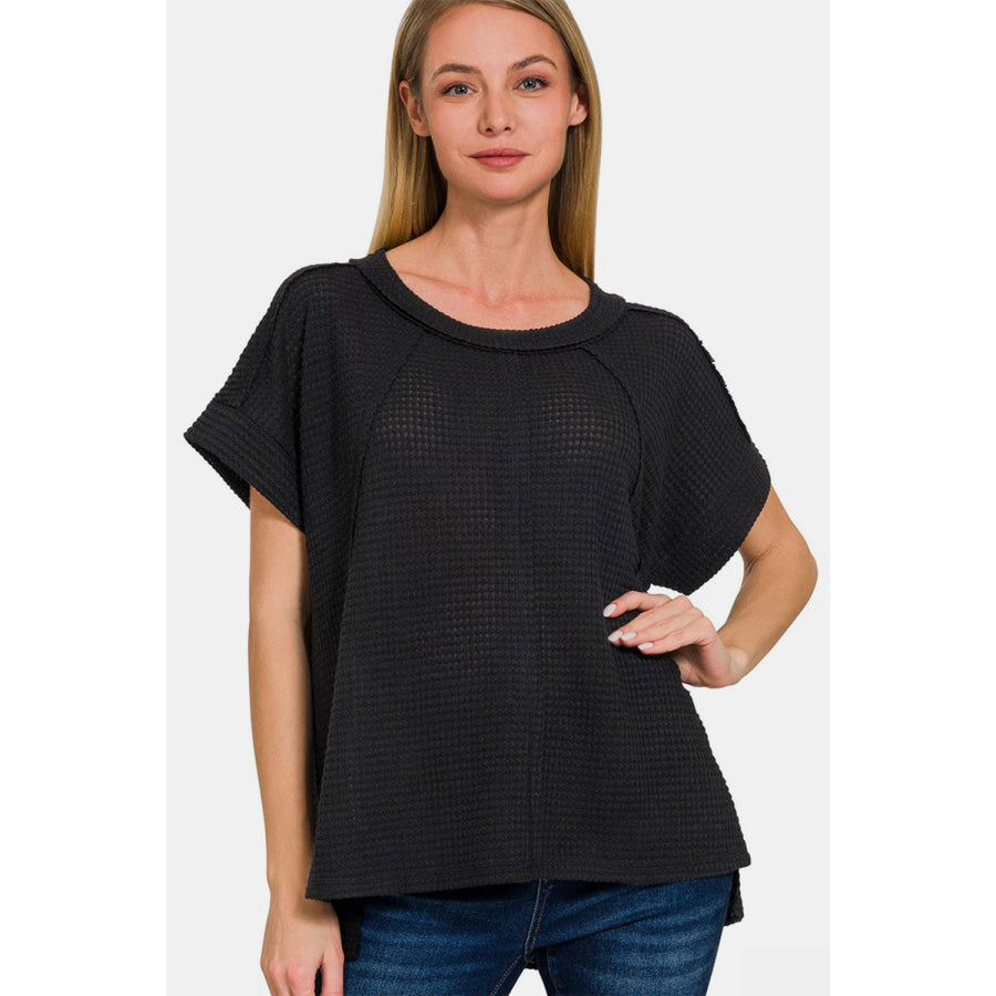 Zenana Waffle Exposed-Seam Short Sleeve T-Shirt Black / S/M Apparel and Accessories