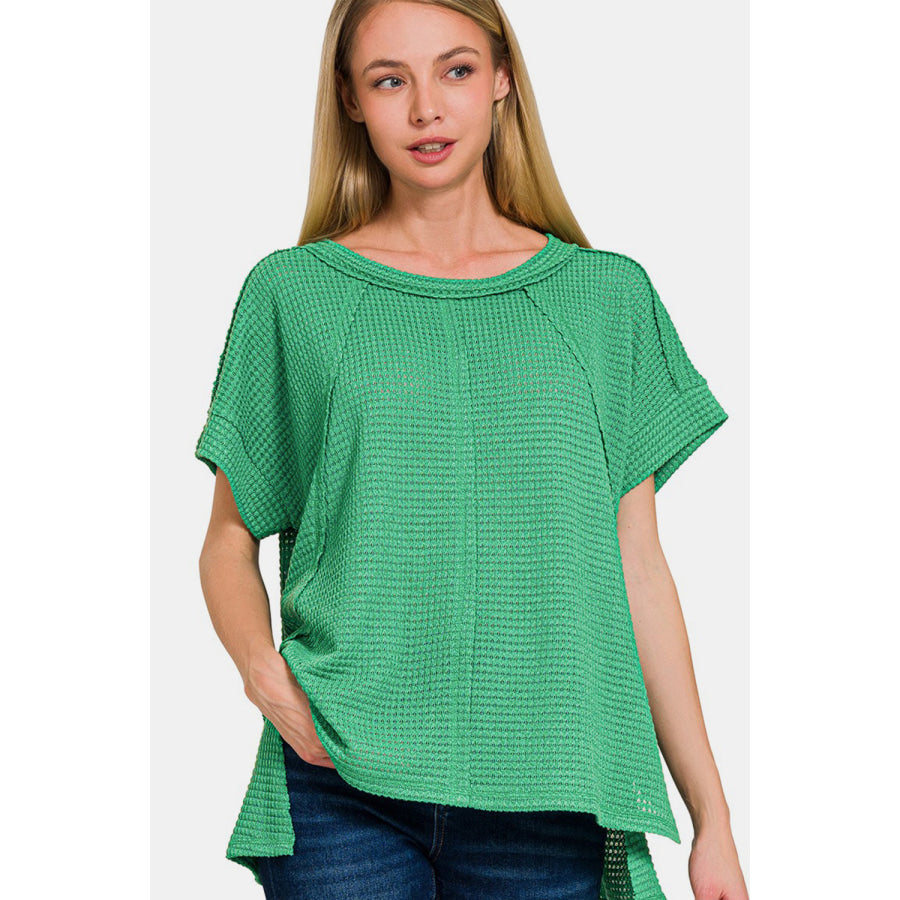 Zenana Waffle Exposed-Seam Short Sleeve T-Shirt K Green / S/M Apparel and Accessories