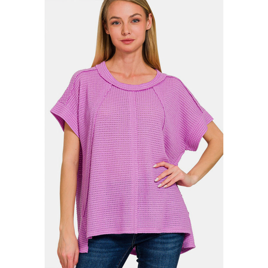 Zenana Waffle Exposed-Seam Short Sleeve T-Shirt Lavender / S/M Apparel and Accessories