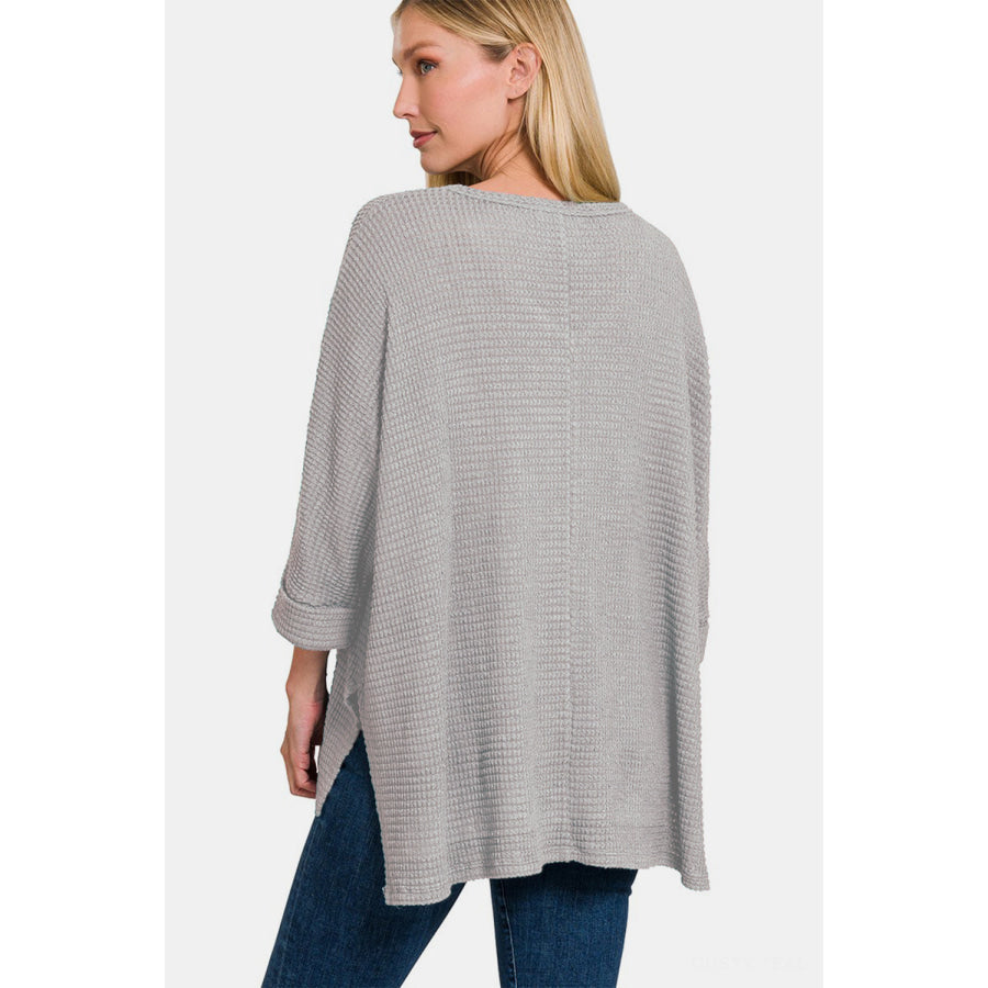 Zenana Waffle Knit V-Neck Long Sleeve Slit Top Apparel and Accessories