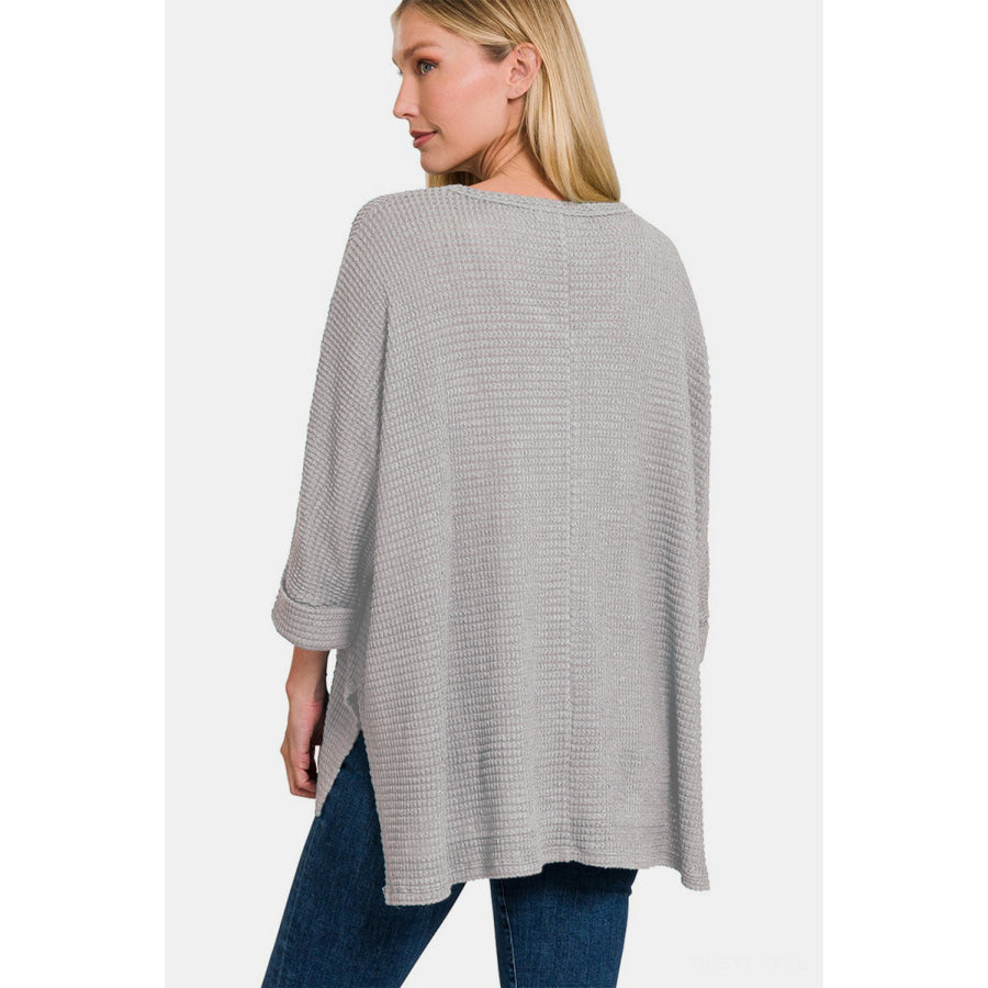 Zenana Waffle Knit V-Neck Long Sleeve Slit Top Grey / S/M Apparel and Accessories
