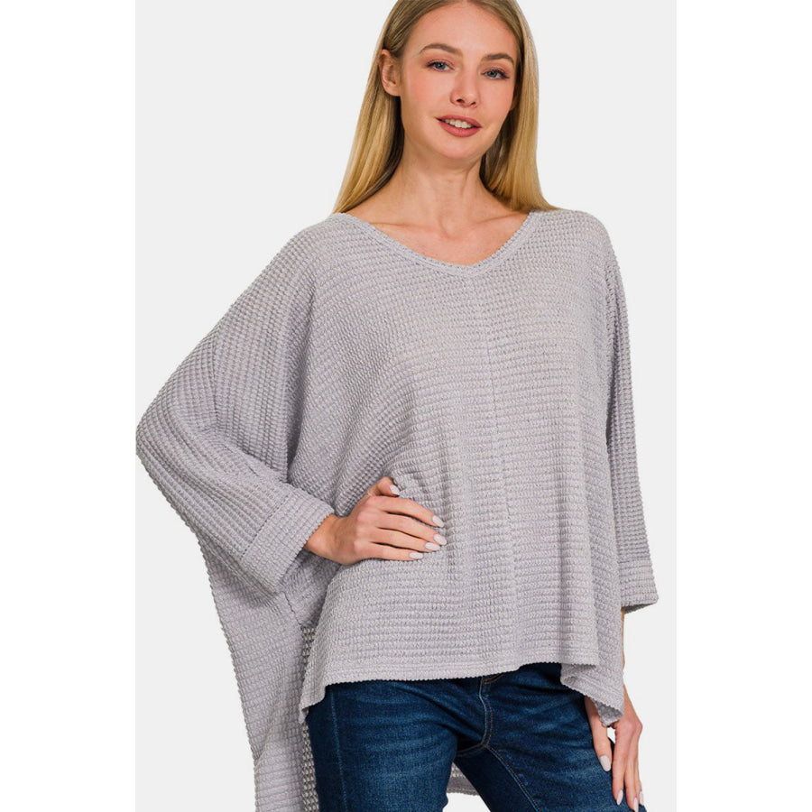 Zenana Waffle Knit V-Neck Long Sleeve Slit Top Grey / S/M Apparel and Accessories