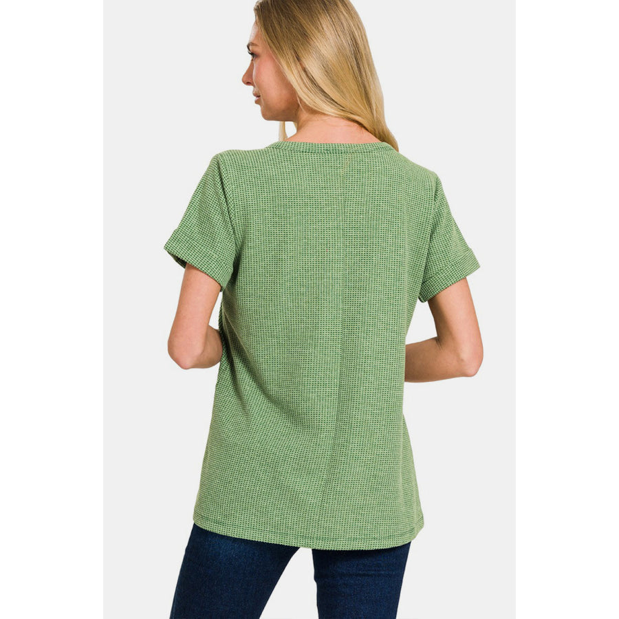 Zenana Waffle Notched Short Sleeve T - Shirt DK GREEN / S Apparel and Accessories