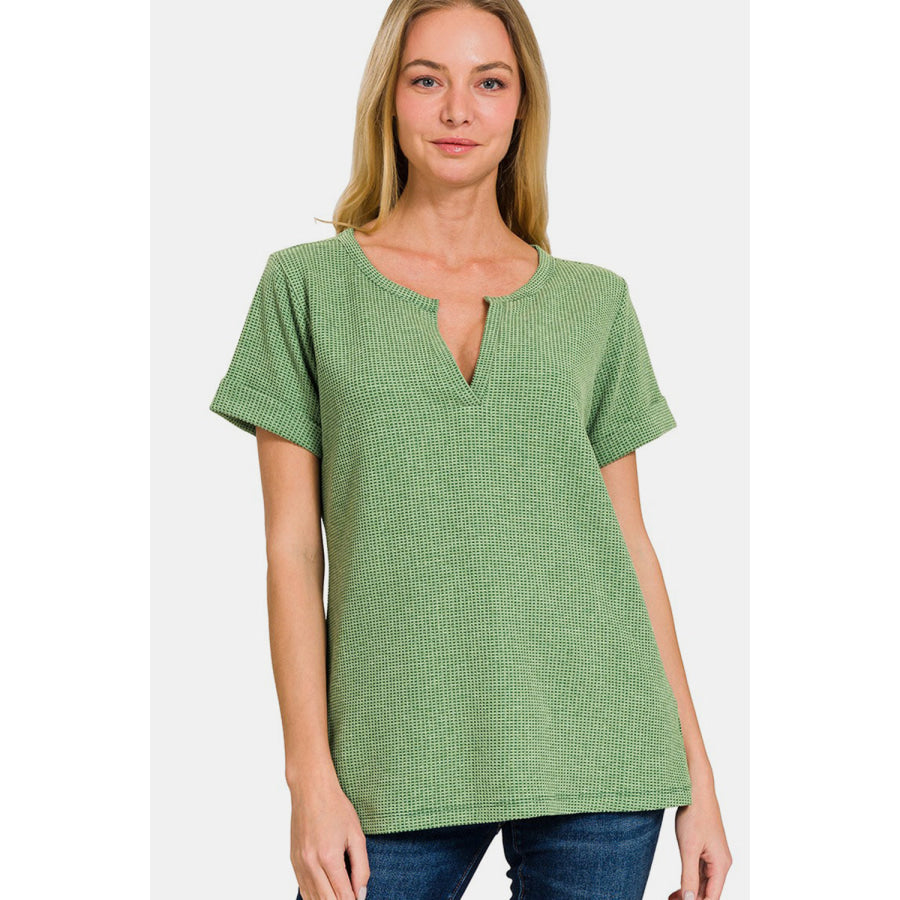 Zenana Waffle Notched Short Sleeve T - Shirt DK GREEN / S Apparel and Accessories