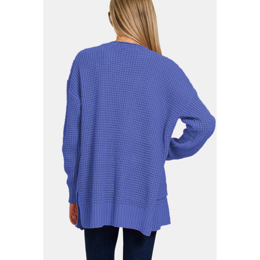 Zenana Waffle Open Front Sweater Cardigan Apparel and Accessories