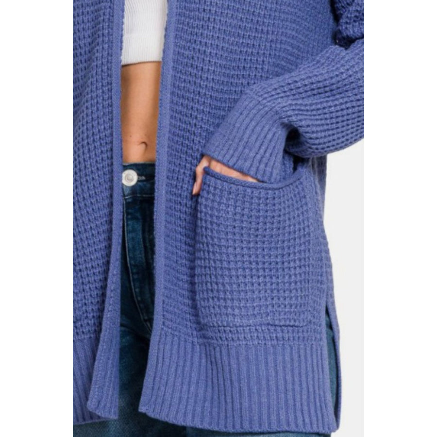 Zenana Waffle Open Front Sweater Cardigan Apparel and Accessories