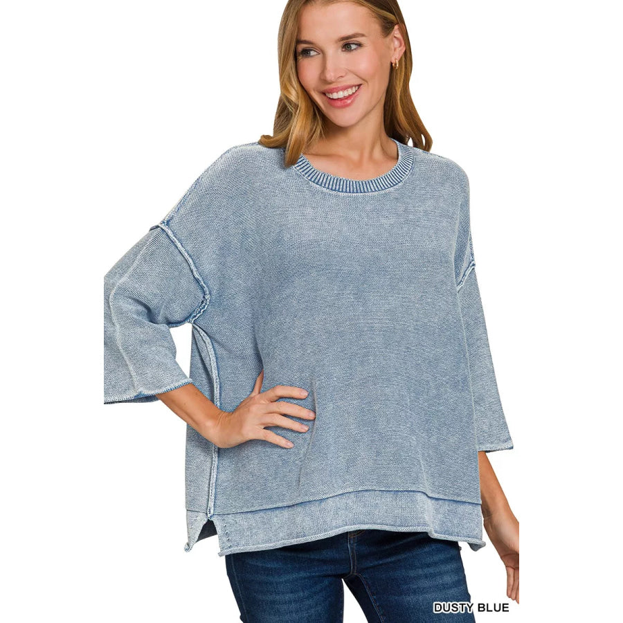 Zenana Washed 3/4 Sleeve Boxy Sweater DUSTY BLUE / S Apparel and Accessories