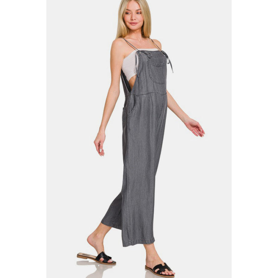 Zenana Washed Adjustable Strap Wide Leg Denim Overalls Apparel and Accessories