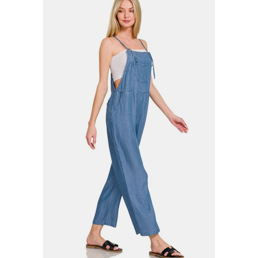 Zenana Washed Adjustable Strap Wide Leg Denim Overalls Apparel and Accessories