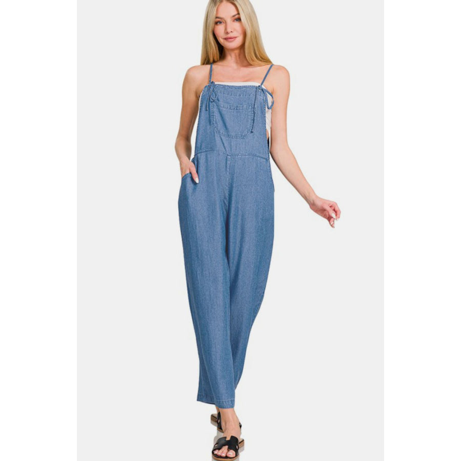 Zenana Washed Adjustable Strap Wide Leg Denim Overalls Apparel and Accessories