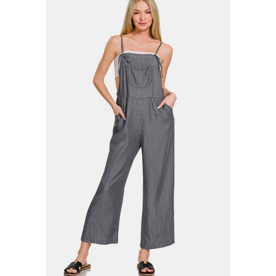 Zenana Washed Adjustable Strap Wide Leg Denim Overalls Black / S Apparel and Accessories