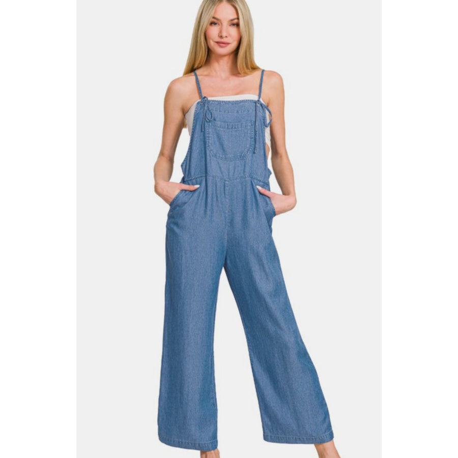 Zenana Washed Adjustable Strap Wide Leg Denim Overalls Dusty Blue / S Apparel and Accessories