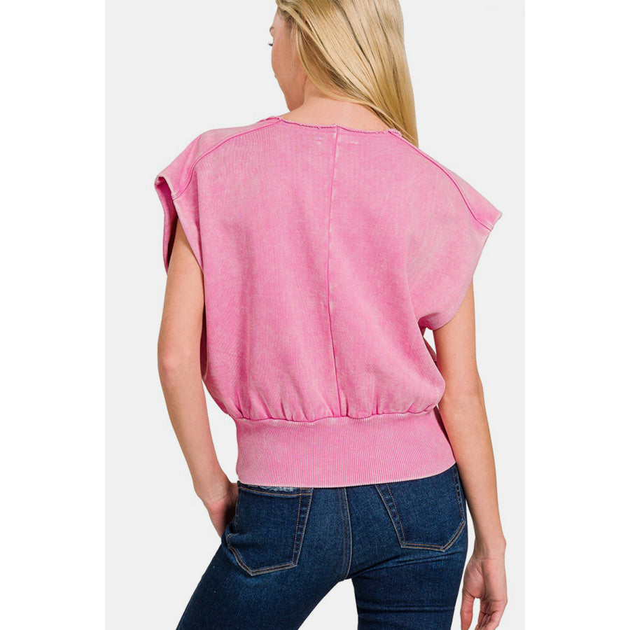 Zenana Washed Boat Neck Bottom Banded Dolman Sleeve Top Candy Pink / S Apparel and Accessories