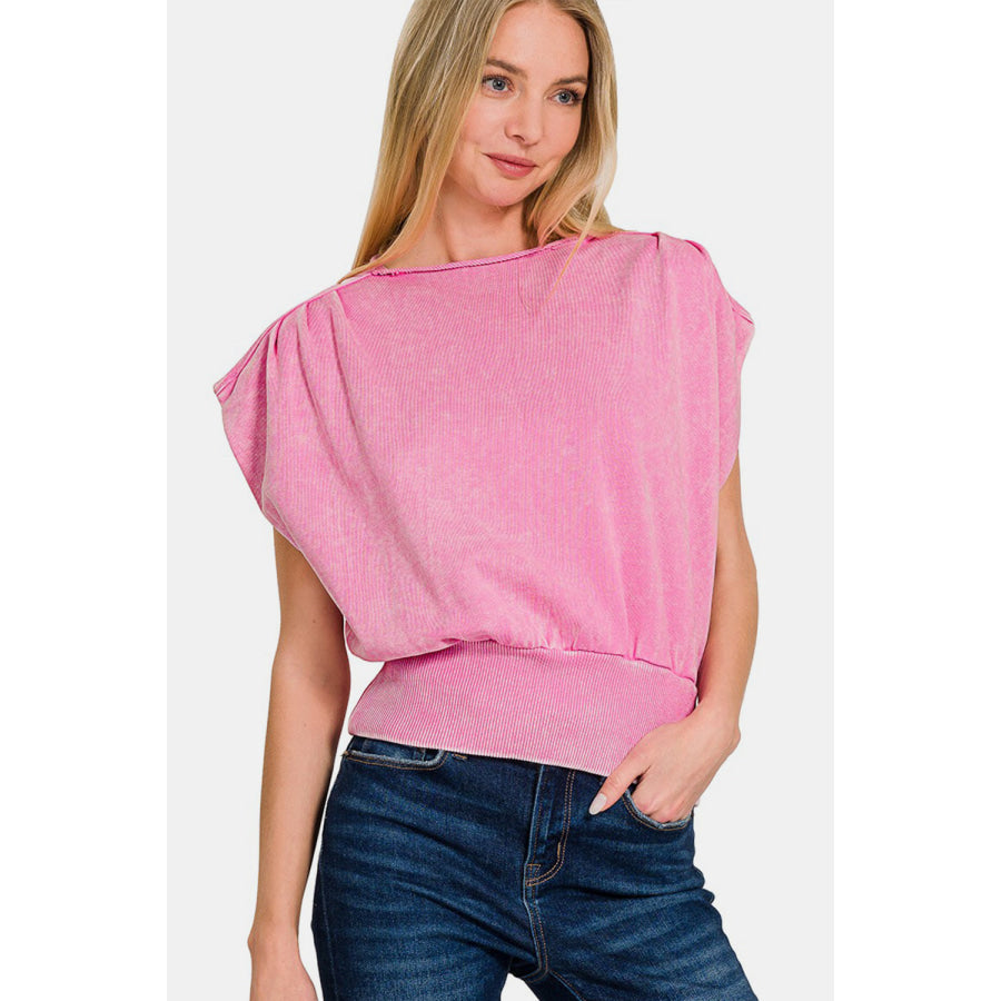 Zenana Washed Boat Neck Bottom Banded Dolman Sleeve Top Candy Pink / S Apparel and Accessories