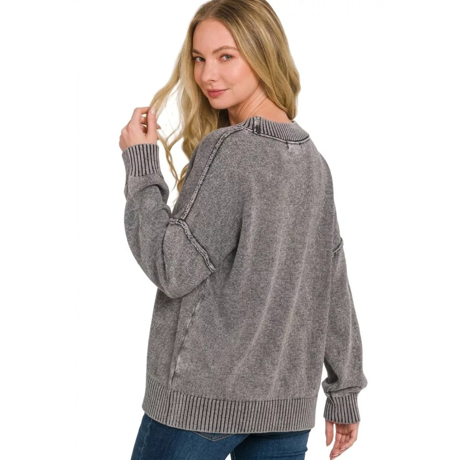 Zenana Washed Deep V-neck Oversized Sweater BLACK / S Apparel and Accessories