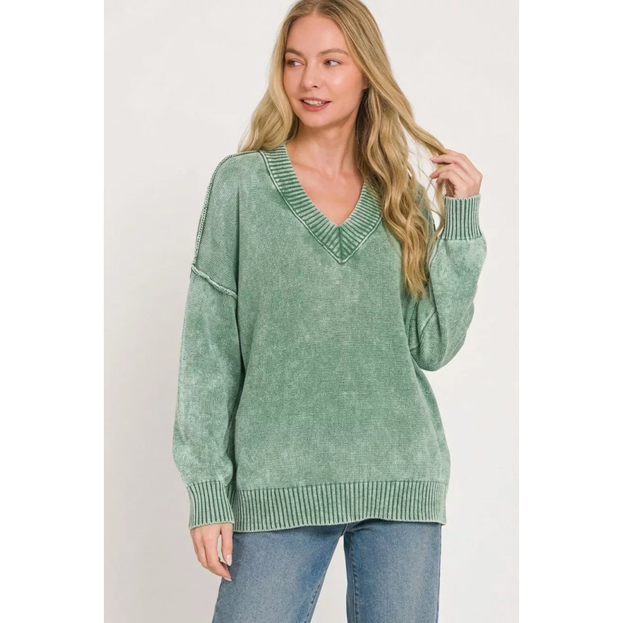 Zenana Washed Deep V-neck Oversized Sweater DK GREEN / S Apparel and Accessories