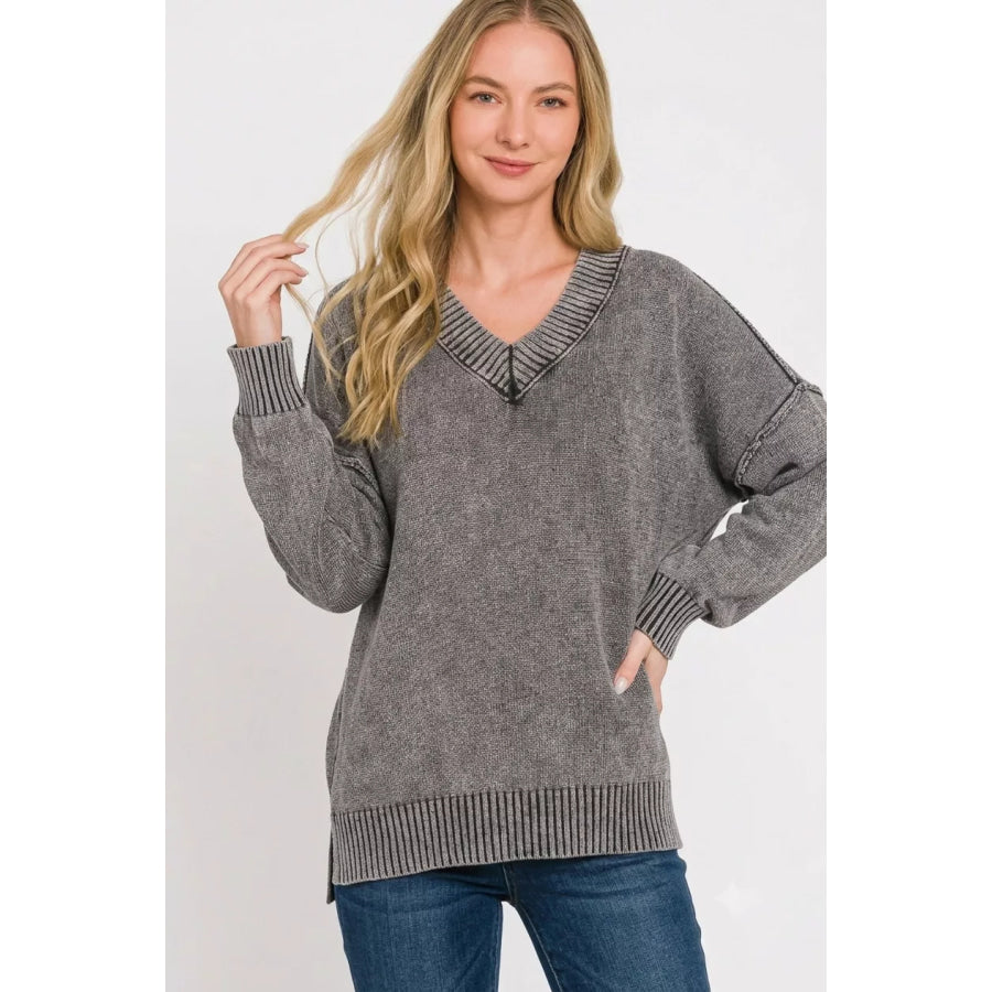Zenana Washed Deep V-neck Oversized Sweater Apparel and Accessories