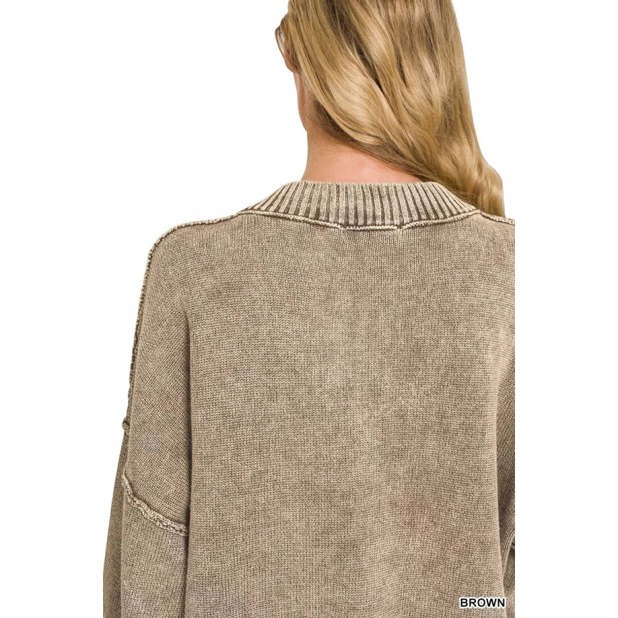 Zenana Washed Deep V-neck Oversized Sweater Apparel and Accessories