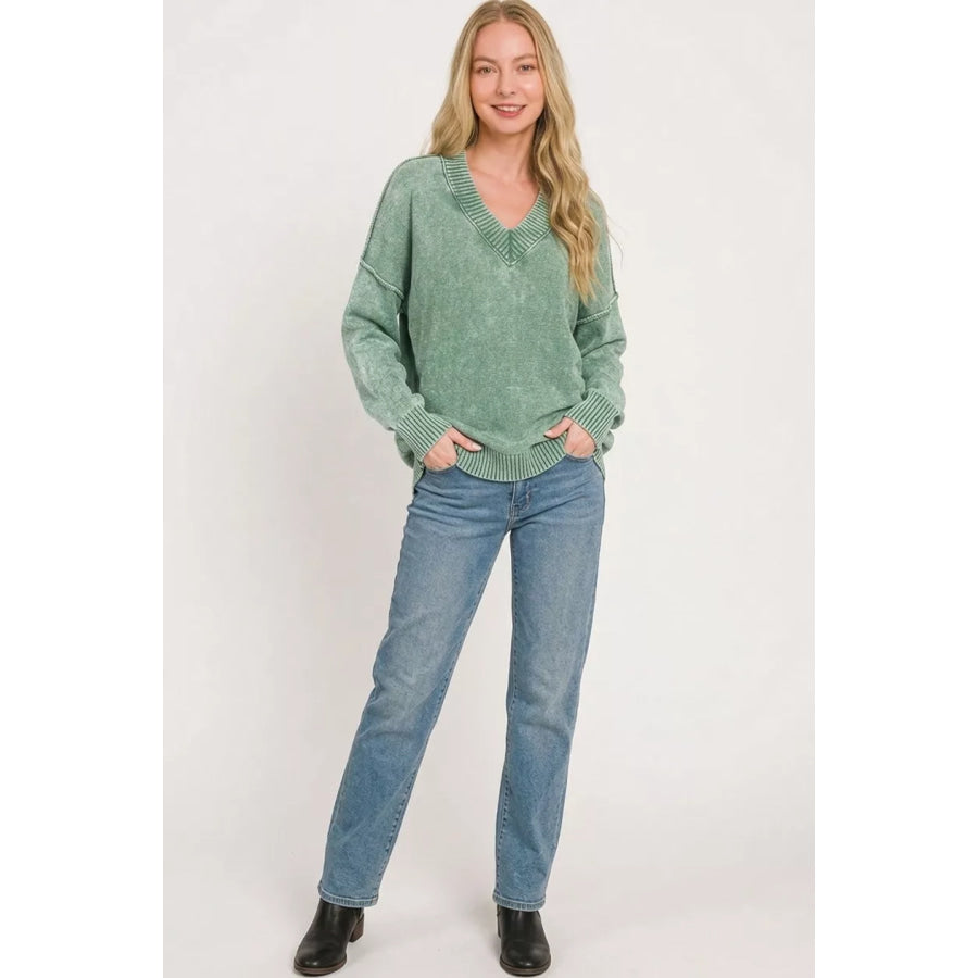 Zenana Washed Deep V-neck Oversized Sweater Apparel and Accessories