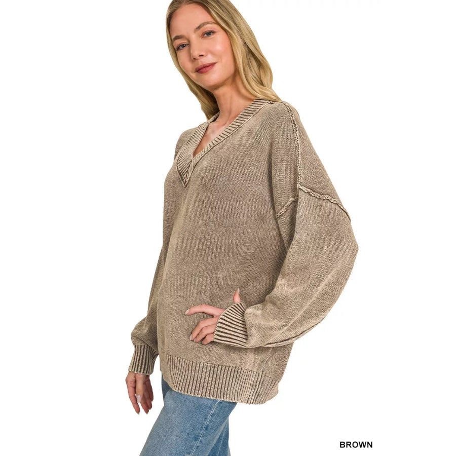 Zenana Washed Deep V-neck Oversized Sweater BROWN / S Apparel and Accessories