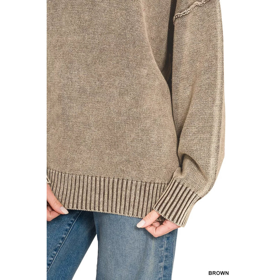 Zenana Washed Deep V-neck Oversized Sweater Apparel and Accessories