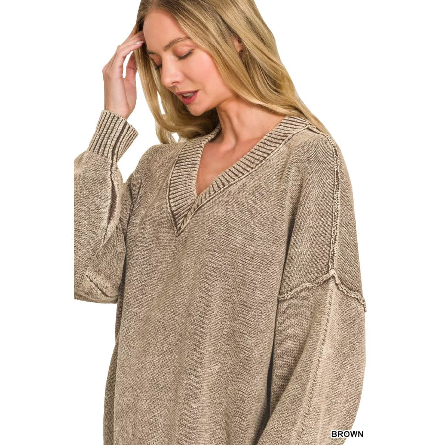 Zenana Washed Deep V-neck Oversized Sweater Apparel and Accessories