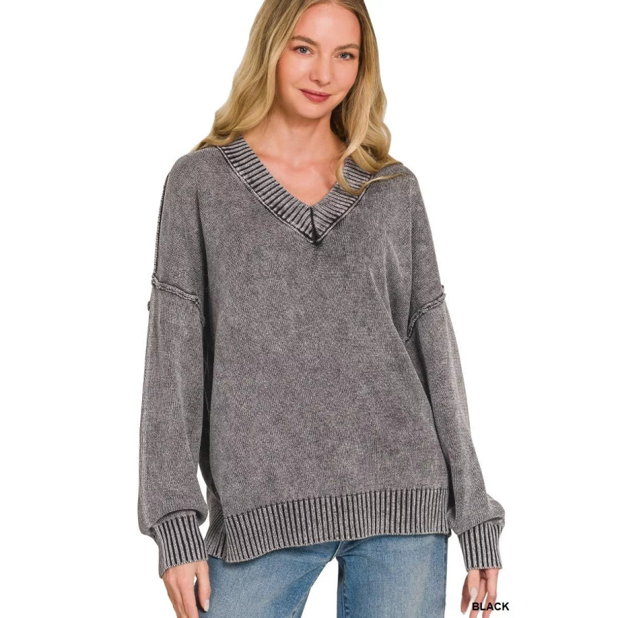Zenana Washed Deep V-neck Oversized Sweater BLACK / S Apparel and Accessories