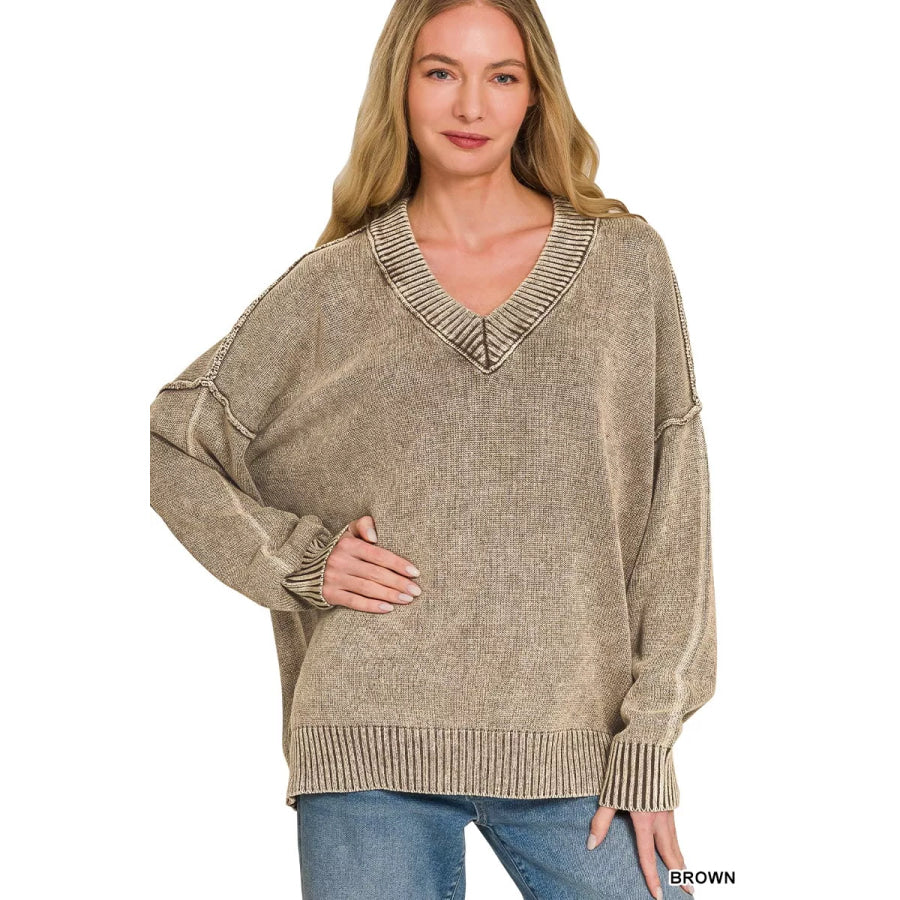 Zenana Washed Deep V-neck Oversized Sweater BROWN / S Apparel and Accessories