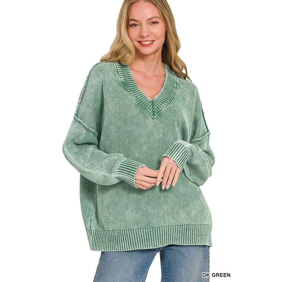 Zenana Washed Deep V-neck Oversized Sweater DK GREEN / S Apparel and Accessories