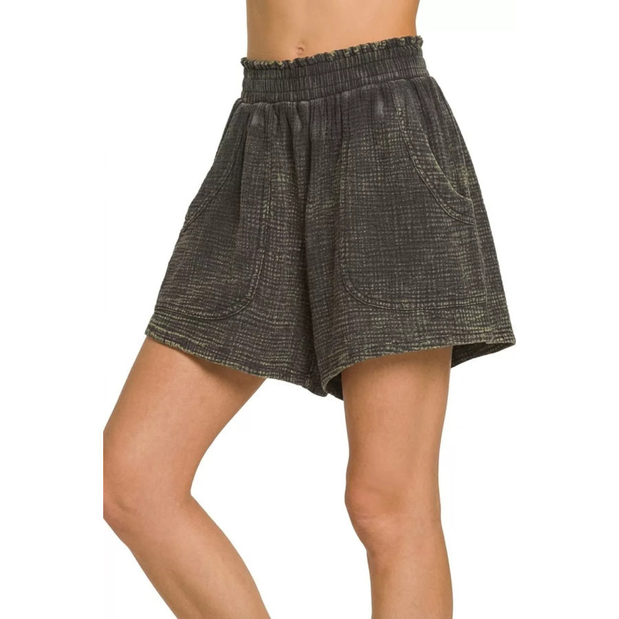Zenana Washed Double Gauze Shorts ASH BLACK / S Apparel and Accessories