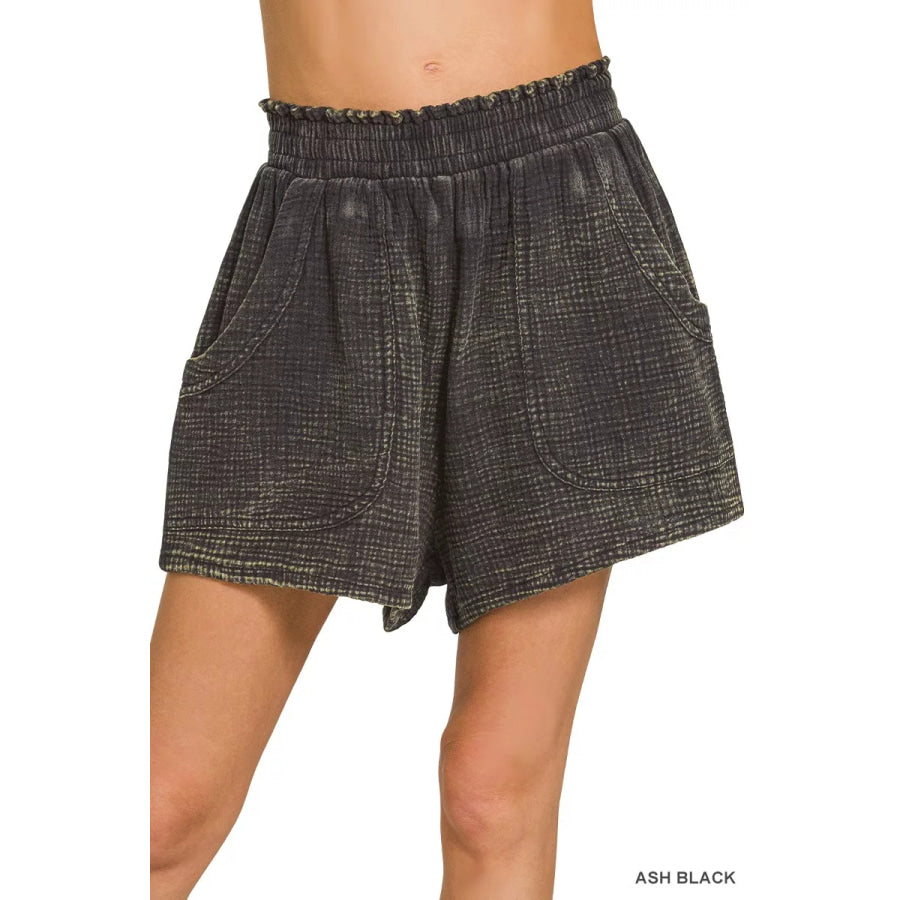 Zenana Washed Double Gauze Shorts ASH BLACK / S Apparel and Accessories